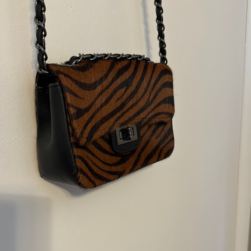 Real Fur & Leather Brown and Black Zebra Print Bag with Leather and Chain Strap